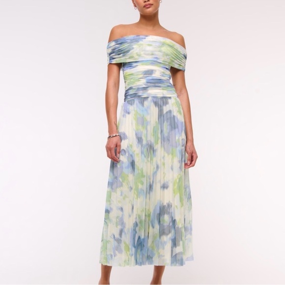 Abercrombie & Fitch Giselle Midi Dress - Off the Shoulder Blue and Green - Picture 2 of 2